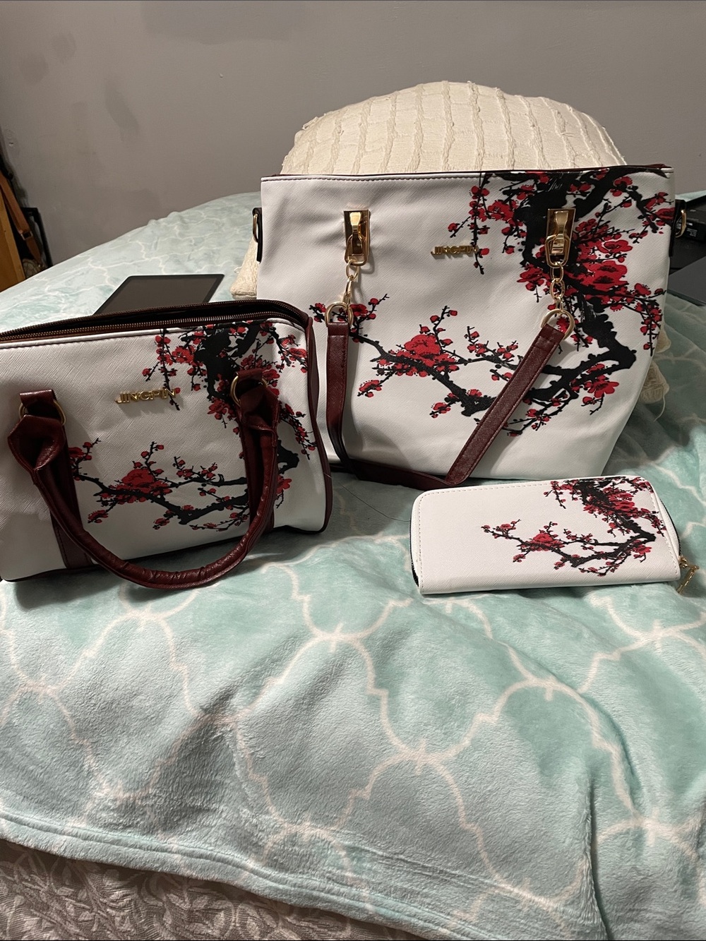 Floral Cherry Blossom Tote, Satchel & Wallet Set - White with Red Accents